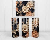 3D Black and Tan Tones Flowers 20 oz insulated tumbler with lid and straw - Sew Lucky Embroidery