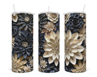 3D Black and White Floral 20 oz insulated tumbler with lid and straw - Sew Lucky Embroidery