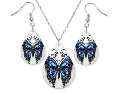 3D Blue Butterfly Earrings and Necklace Set