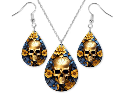 3D Blue & Gold Skull Earrings and Necklace Set