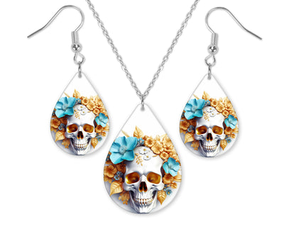 3D Blue and Gold Floral Skull Earrings and Necklace Set