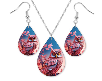 3D Blue and Pink Owl Earrings and Necklace Set