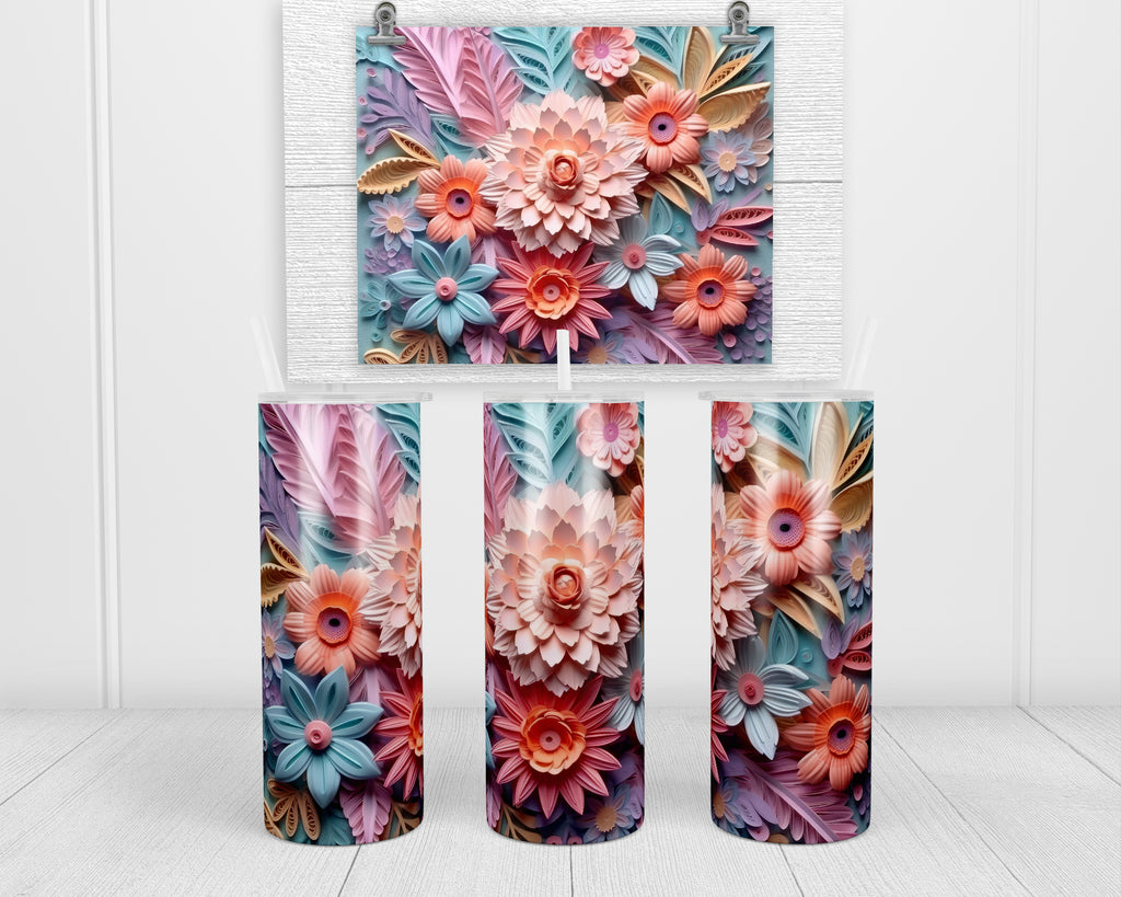 3D Blue and Pink Tone Mixed Floral  20 oz insulated tumbler with lid and straw - Sew Lucky Embroidery