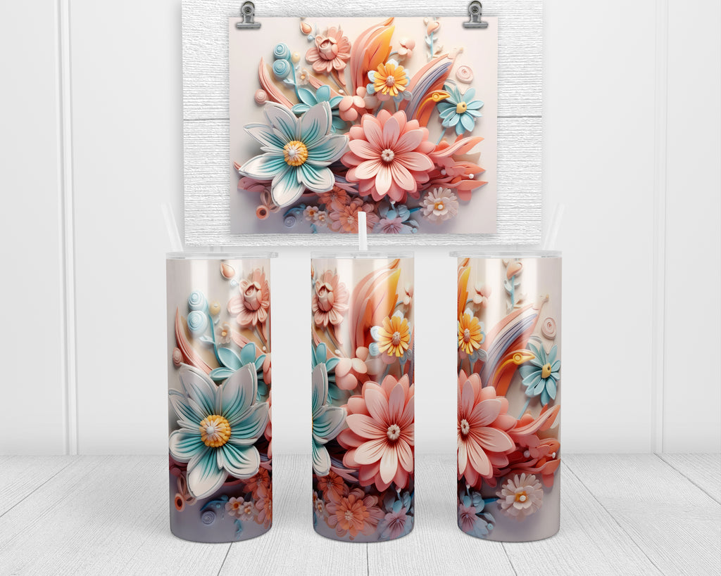 3D Bright Floral Mix 20 oz insulated tumbler with lid and straw - Sew Lucky Embroidery