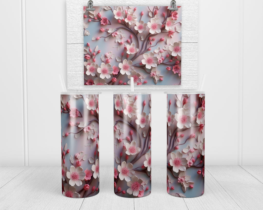 3D Cherry Blossom Branches  20 oz insulated tumbler with lid and straw - Sew Lucky Embroidery