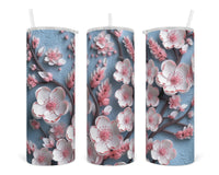 3D Cherry Blossom with Blue 20 oz insulated tumbler with lid and straw - Sew Lucky Embroidery