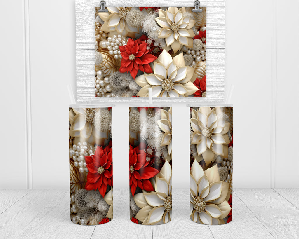 3D Christmas Poinsettias 20 oz insulated tumbler with lid and straw - Sew Lucky Embroidery