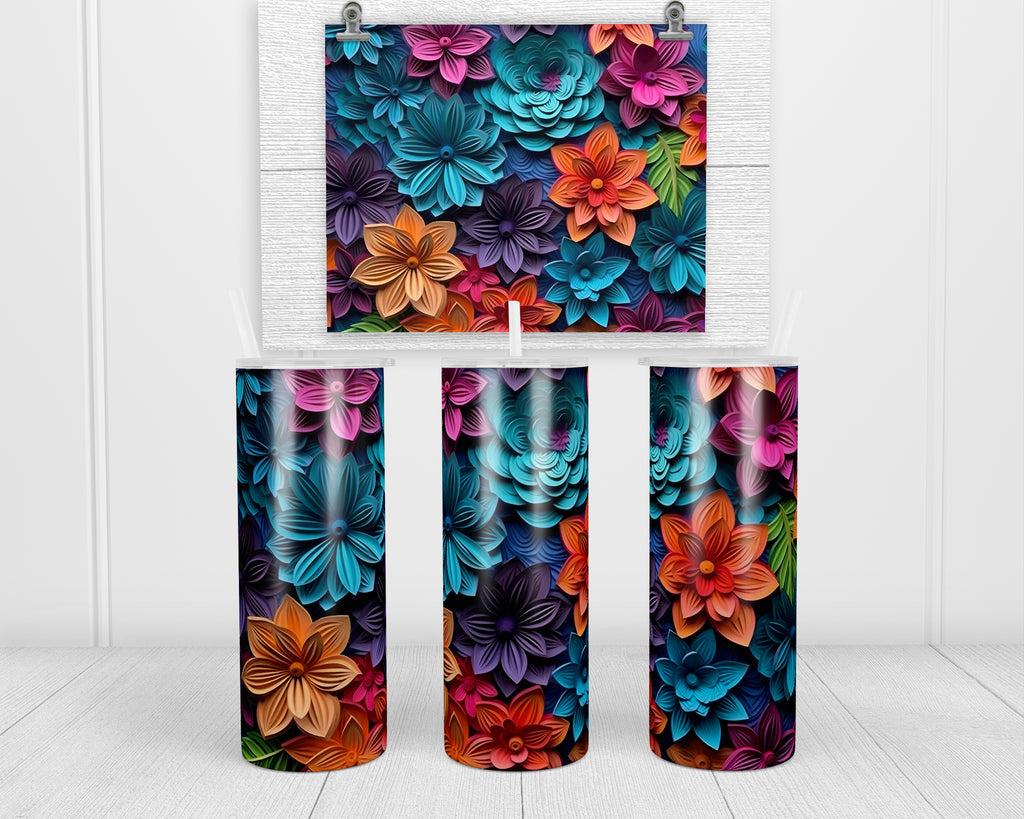 3D Floral Bold Colorful 20 oz insulated tumbler with lid and straw - Sew Lucky Embroidery