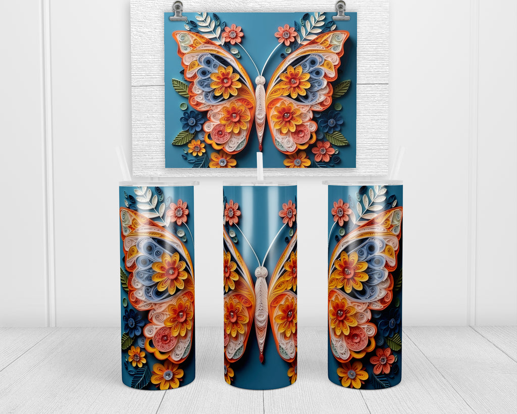 3D Floral Butterfly 20 oz insulated tumbler with lid and straw - Sew Lucky Embroidery