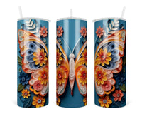 3D Floral Butterfly 20 oz insulated tumbler with lid and straw - Sew Lucky Embroidery
