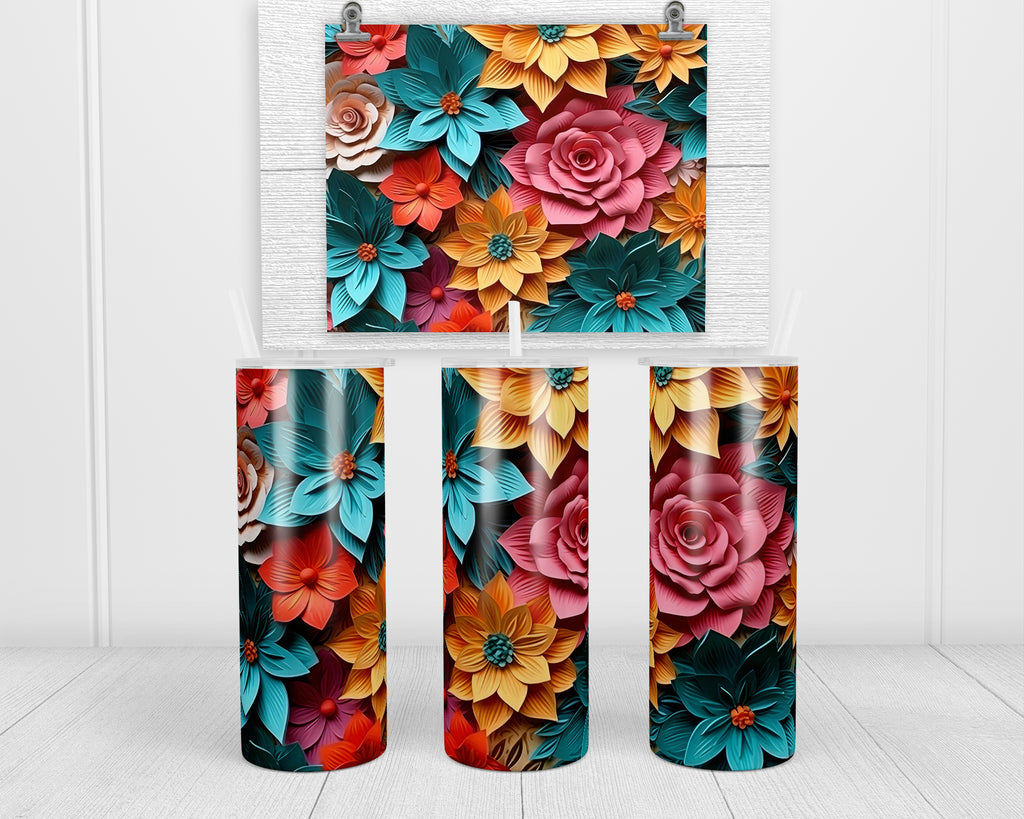 3D Floral Mix 20 oz insulated tumbler with lid and straw - Sew Lucky Embroidery