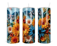 3D Floral and Butterflies 20 oz insulated tumbler with lid and straw - Sew Lucky Embroidery