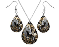 3D Golden Horses Earrings and Necklace Set - Sew Lucky Embroidery
