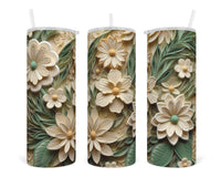 3D Green and Nude Toned Floral 20 oz insulated tumbler with lid and straw - Sew Lucky Embroidery