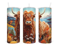 3D Highland Cow with Flowers 20 oz insulated tumbler with lid and straw - Sew Lucky Embroidery