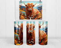 3D Highland Cow with Flowers 20 oz insulated tumbler with lid and straw - Sew Lucky Embroidery