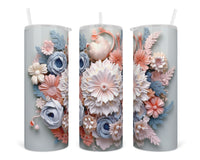 3D Mixed Floral with Blue 20 oz insulated tumbler with lid and straw - Sew Lucky Embroidery