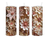 3D Natural Tone Floral 20 oz insulated tumbler with lid and straw - Sew Lucky Embroidery