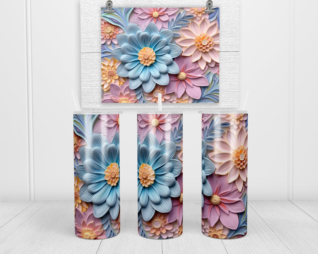 3D Pastel Floral 20 oz insulated tumbler with lid and straw - Sew Lucky Embroidery