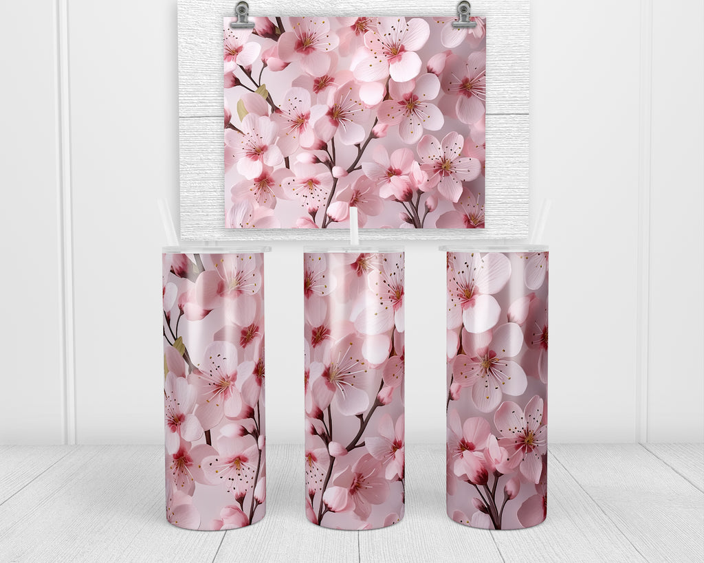 3D Pink Blossoms 20 oz insulated tumbler with lid and straw - Sew Lucky Embroidery