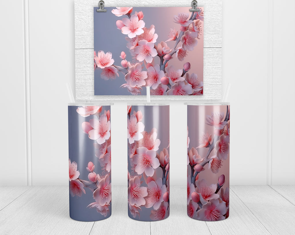 3D Pink Blossoms with Blue 20 oz insulated tumbler with lid and straw - Sew Lucky Embroidery