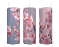 3D Pink Blossoms with Blue 20 oz insulated tumbler with lid and straw - Sew Lucky Embroidery