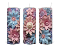 3D Pink, Blue and Purple Floral 20 oz insulated tumbler with lid and straw - Sew Lucky Embroidery