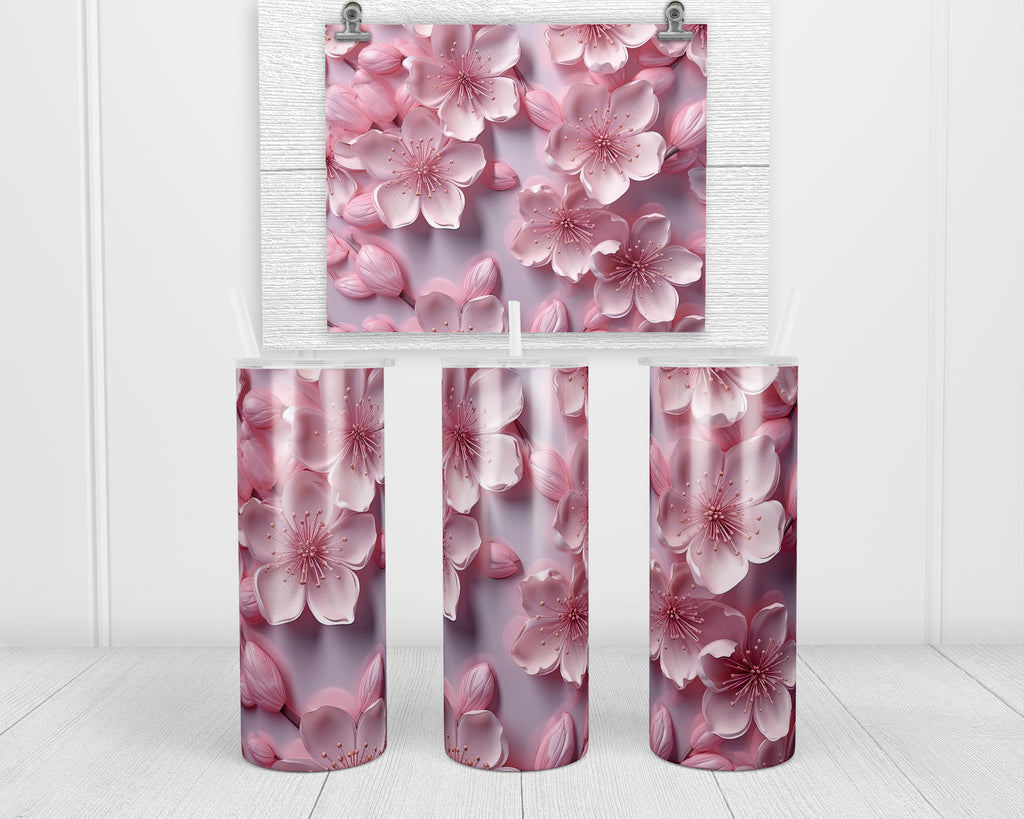 3D Pink Cherry Blossoms 20 oz insulated tumbler with lid and straw - Sew Lucky Embroidery