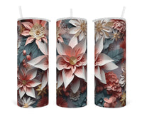 3D Pink Winter Floral 20 oz insulated tumbler with lid and straw - Sew Lucky Embroidery