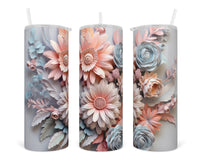 3D Pink and Blue Florals 20 oz insulated tumbler with lid and straw - Sew Lucky Embroidery