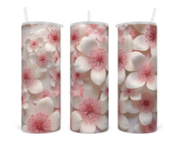 3D Pink and White Floral 20 oz insulated tumbler with lid and straw - Sew Lucky Embroidery