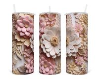 3D Pink and White Toned Floral 20 oz insulated tumbler with lid and straw - Sew Lucky Embroidery