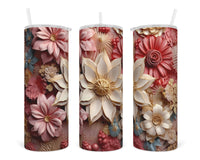 3D Pink Tone Floral 20 oz insulated tumbler with lid and straw - Sew Lucky Embroidery