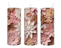 3D Pink Tone Flowers 20 oz insulated tumbler with lid and straw - Sew Lucky Embroidery