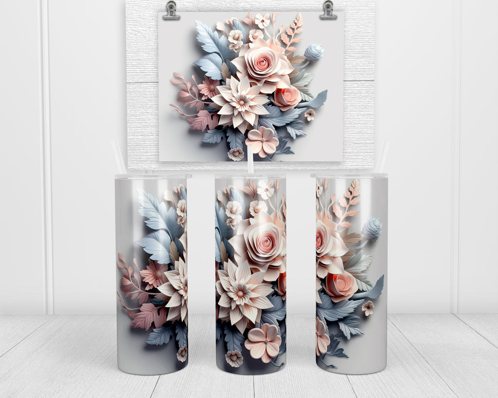 3D Pink Toned Floral with Blue 20 oz insulated tumbler with lid and straw - Sew Lucky Embroidery