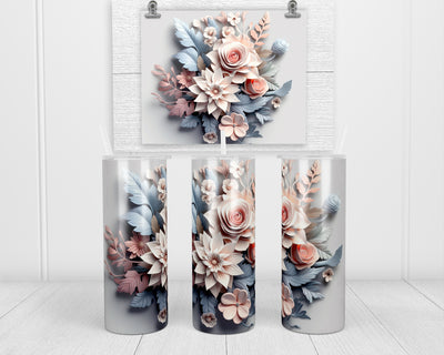 3D Pink Toned Floral with Blue 20 oz insulated tumbler with lid and straw
