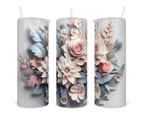 3D Pink Toned Floral with Blue 20 oz insulated tumbler with lid and straw - Sew Lucky Embroidery