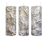 3D Roses White 20 oz insulated tumbler with lid and straw - Sew Lucky Embroidery
