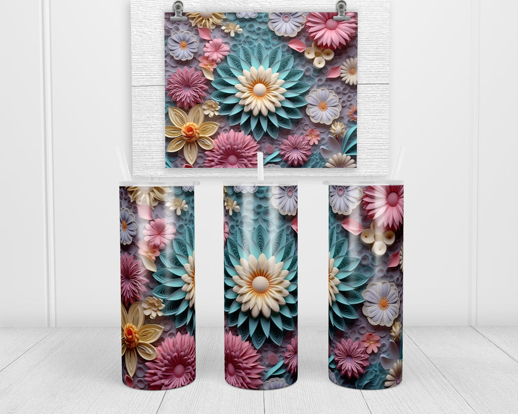 3D Teal Tone Floral Mix 20 oz insulated tumbler with lid and straw - Sew Lucky Embroidery