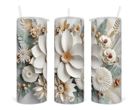 3D White Flowers 20 oz insulated tumbler with lid and straw - Sew Lucky Embroidery