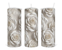 3D White Roses Close up 20 oz insulated tumbler with lid and straw - Sew Lucky Embroidery