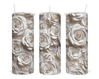 3D White Roses Mixed 20 oz insulated tumbler with lid and straw - Sew Lucky Embroidery