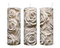 3D White Roses 20 oz insulated tumbler with lid and straw - Sew Lucky Embroidery