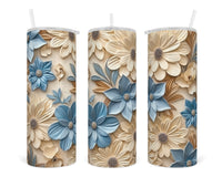3D White and Blue Floral 20 oz insulated tumbler with lid and straw - Sew Lucky Embroidery