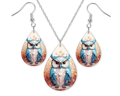 3D White and Blue Owl Earrings and Necklace Set