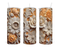 3D White and Orange Floral 20 oz insulated tumbler with lid and straw - Sew Lucky Embroidery