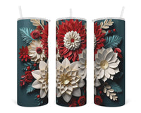 White and Red Mixed Floral 20 oz insulated tumbler with lid and straw - Sew Lucky Embroidery