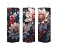 3D Winter Floral 20 oz insulated tumbler with lid and straw - Sew Lucky Embroidery