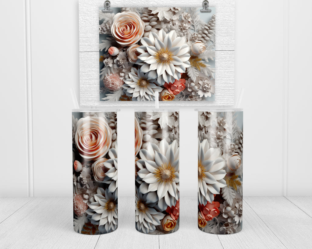 3D Winter Flowers 20 oz insulated tumbler with lid and straw - Sew Lucky Embroidery