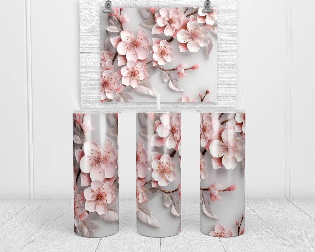 3D Pretty Pink Blossoms 20 oz insulated tumbler with lid and straw - Sew Lucky Embroidery